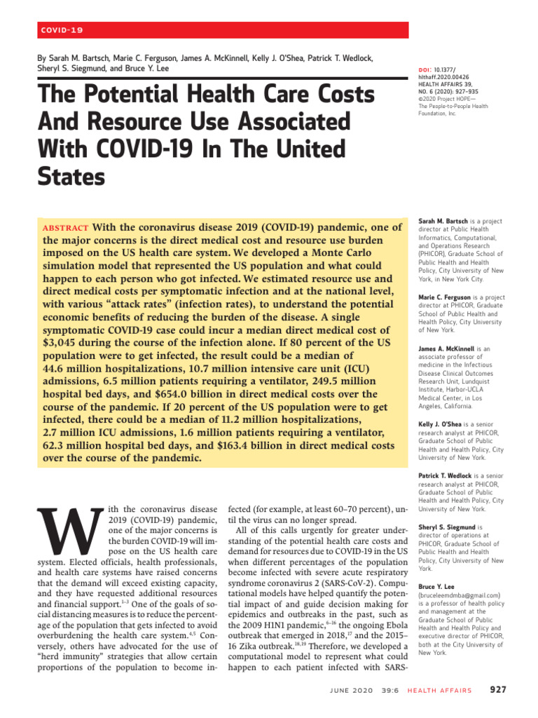 The Potential Health Care Costs and Resource Use Associated With COVID ...