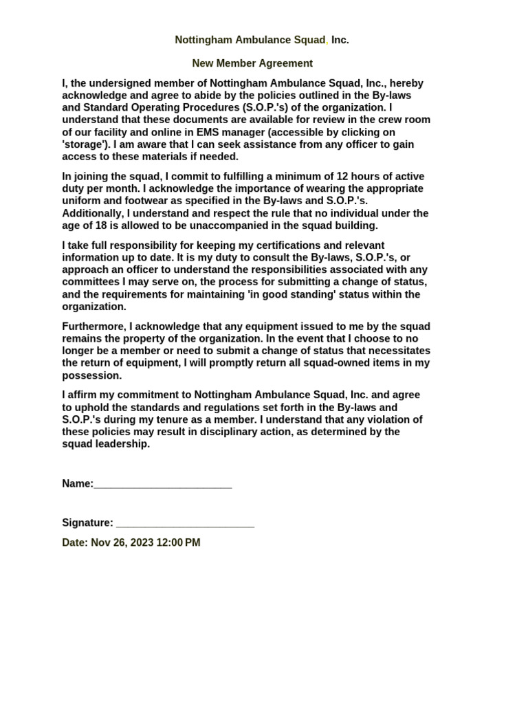 New Member Agreement for Squad | PDF