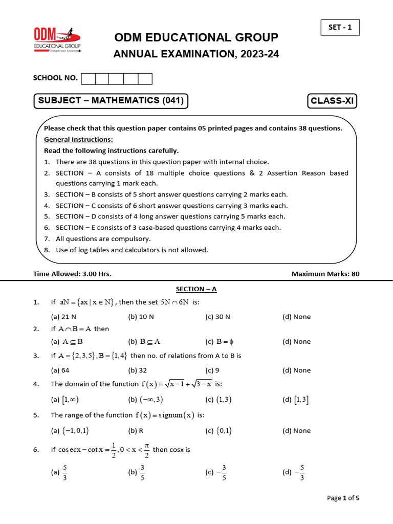 Class XI Mathematics Annual Exam 2023-24 | PDF | Mathematics ...
