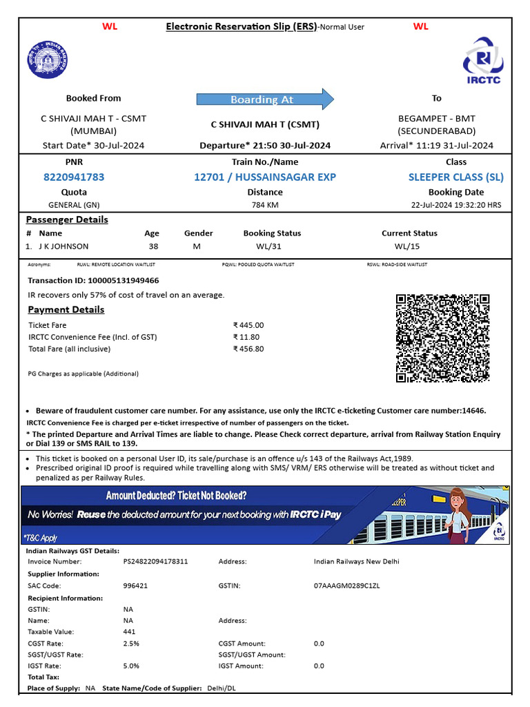 Indian Railways E-Ticket Booking Details | PDF | Identity Document