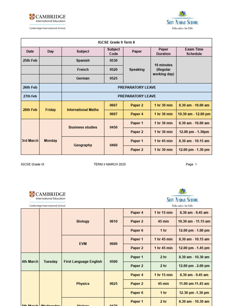 IGCSE Grade 9 Term II Exam Schedule | PDF | Chemical Reactions ...