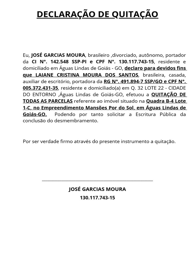 Declaração de Quitação de Imóvel | PDF