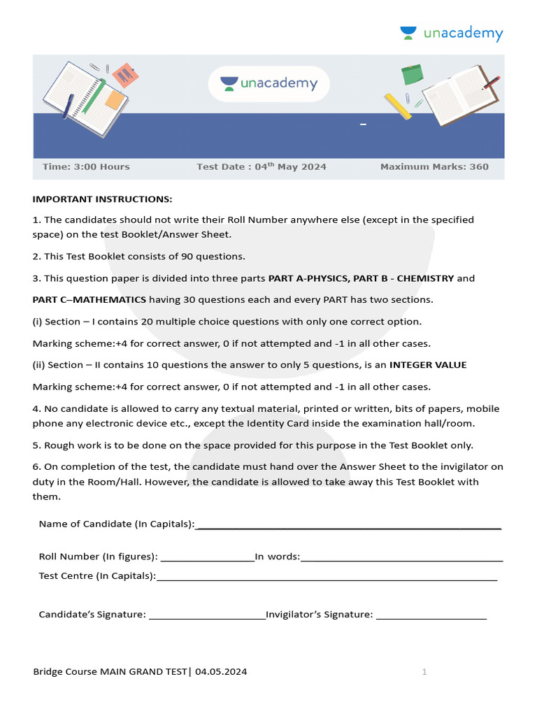 Bridge Course Grand Test Instructions | PDF | Atoms | Chemical Elements