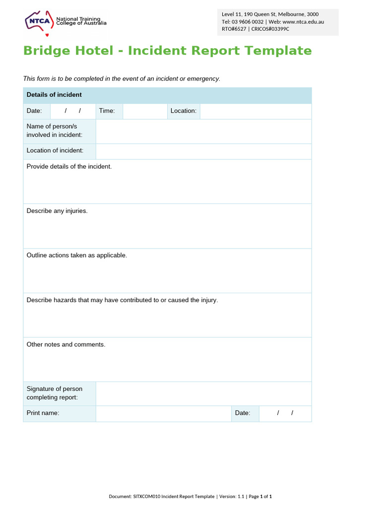 Bridge Hotel Incident Report Template | PDF