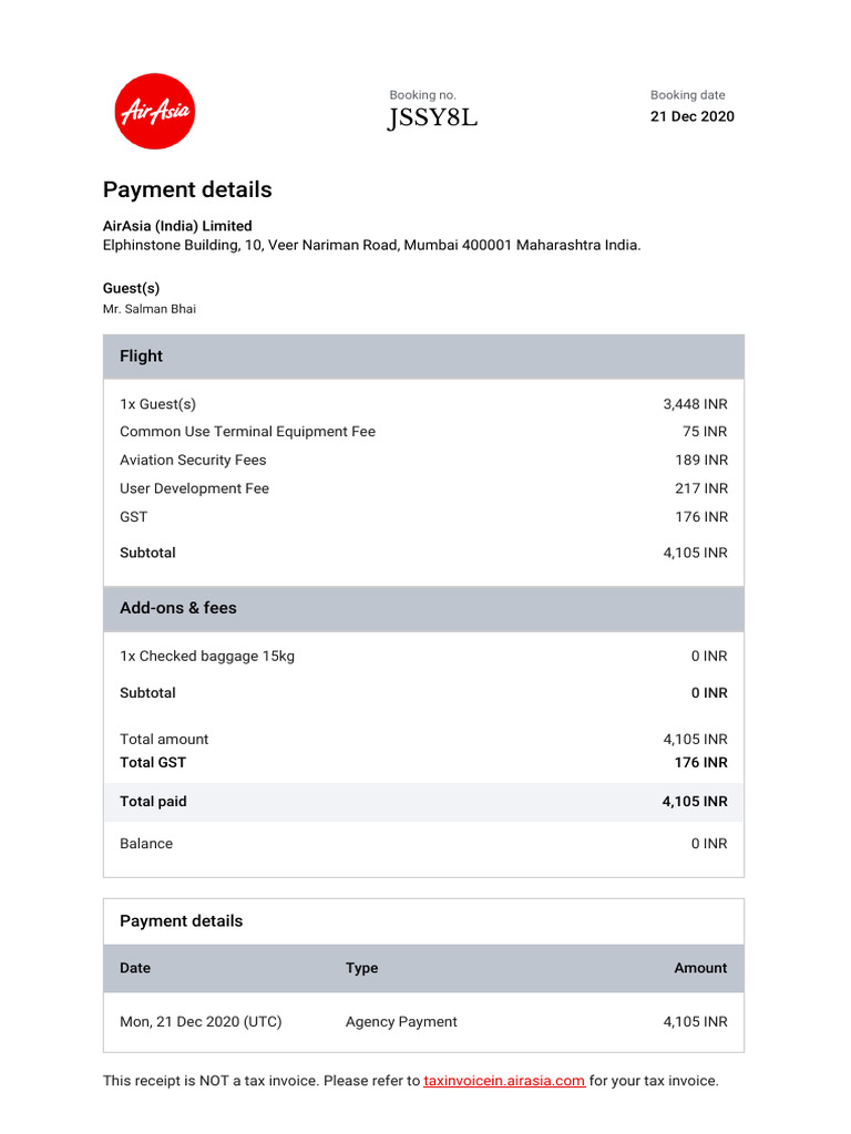 AirAsia Booking Receipt for Flight | PDF