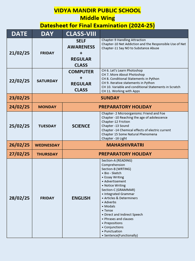 Class VIII FINAL EXAMINATION Datesheet 24-25 | PDF | Language Mechanics ...