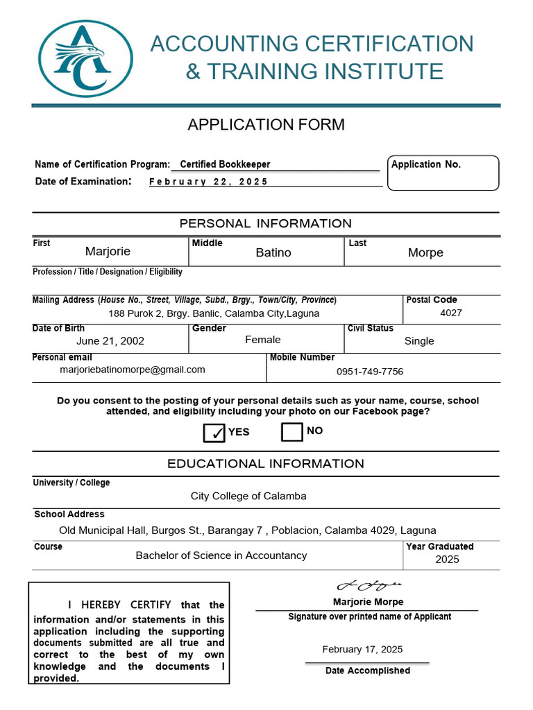 Certified Bookkeeper Exam Application | PDF | Qualifications