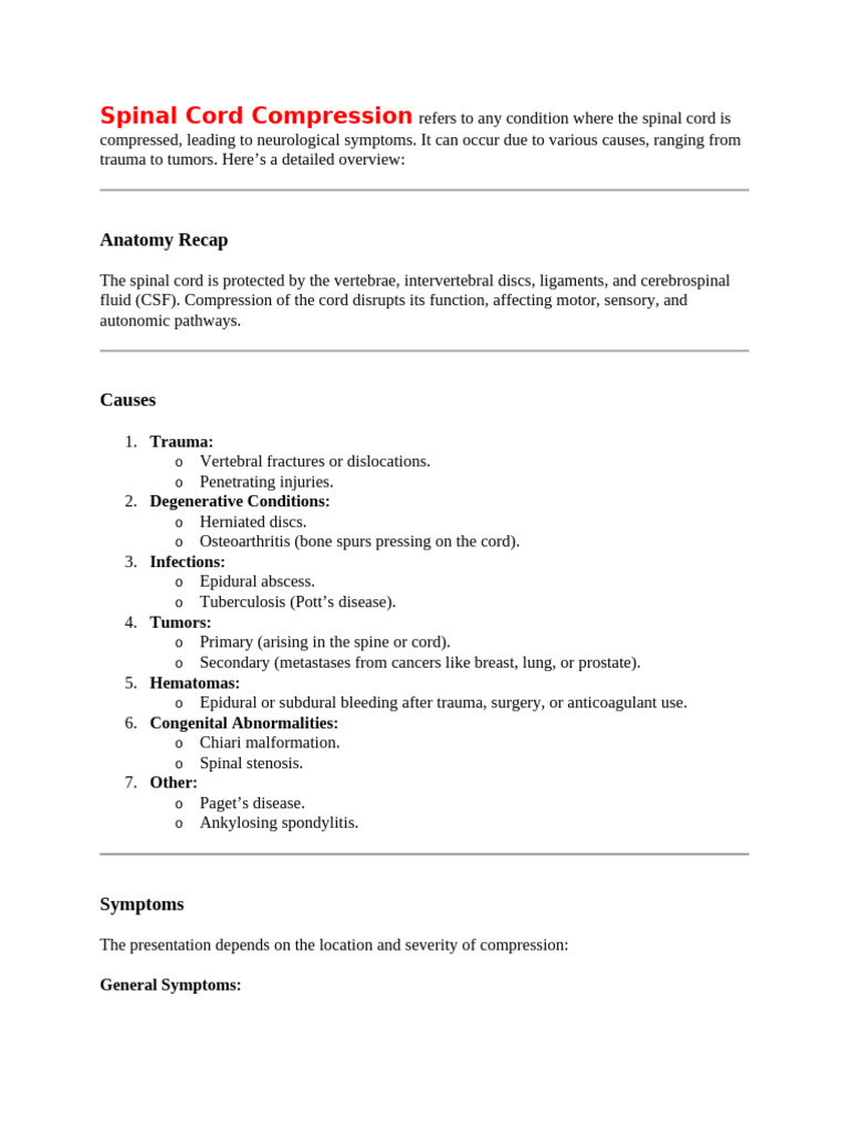 Spinal Cord Compression Overview and Management | PDF | Back Pain ...