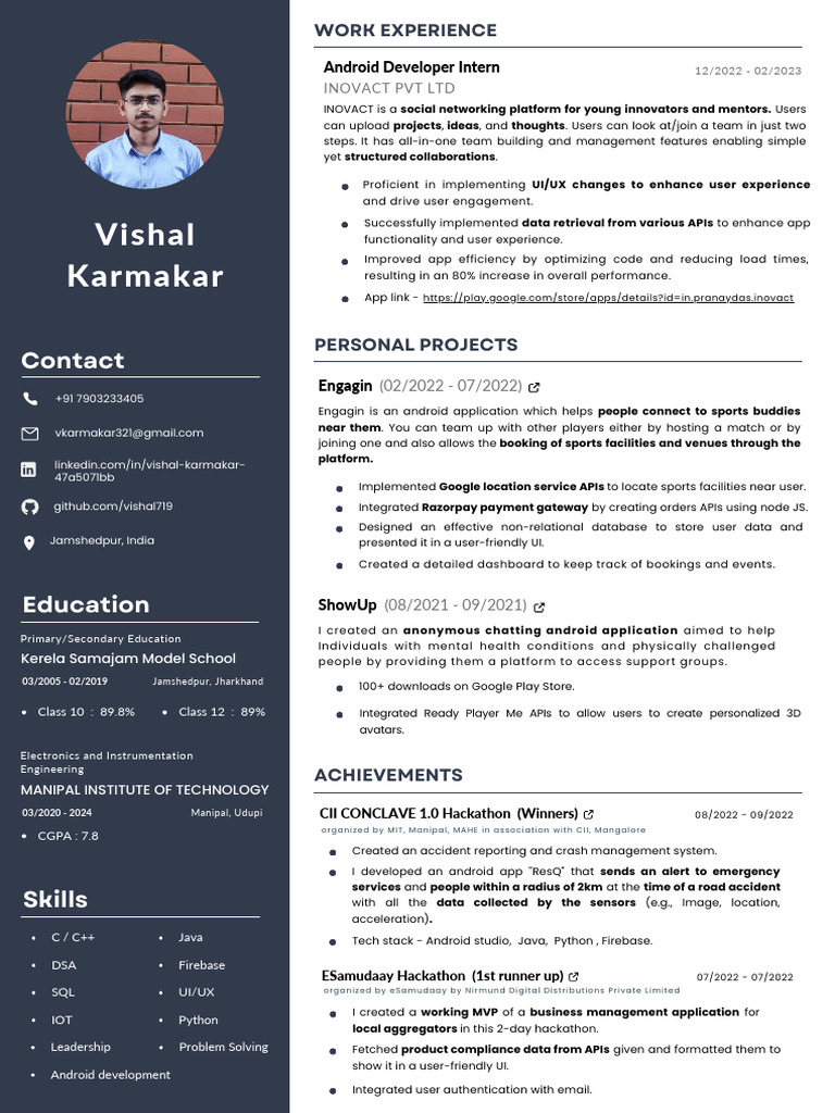 Vishal Karmakar: Android Developer Profile | PDF
