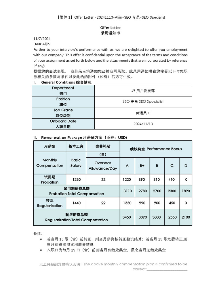 Offer Letter 专员-SEO Specialist | PDF | Labor | Business