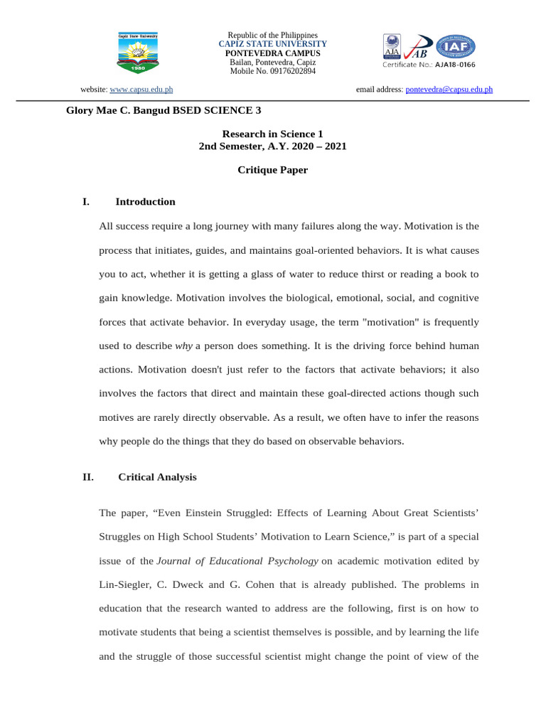 Sci 120 Critique Paper Even Einstien Struggled | PDF | Motivational ...