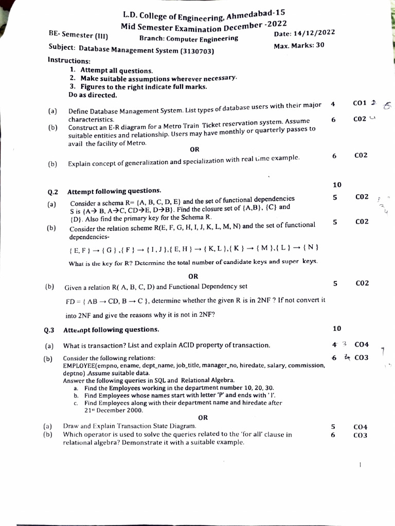 Database Management System Exam Paper | PDF