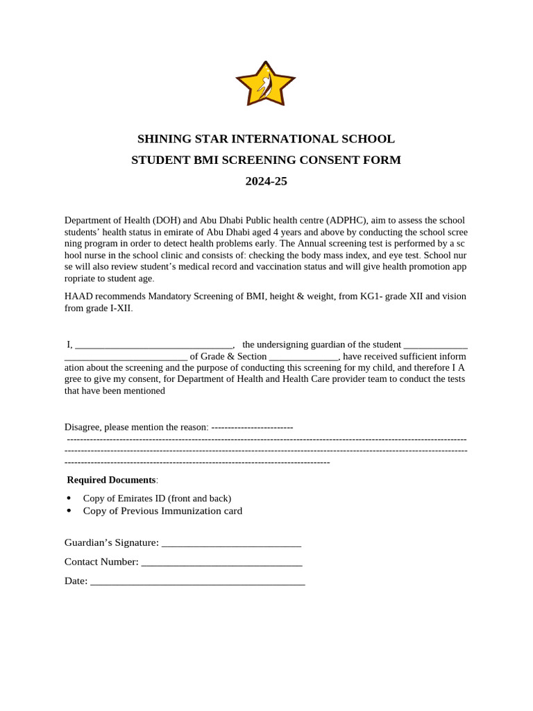 BMI Screening Consent Form 2024-25 | PDF