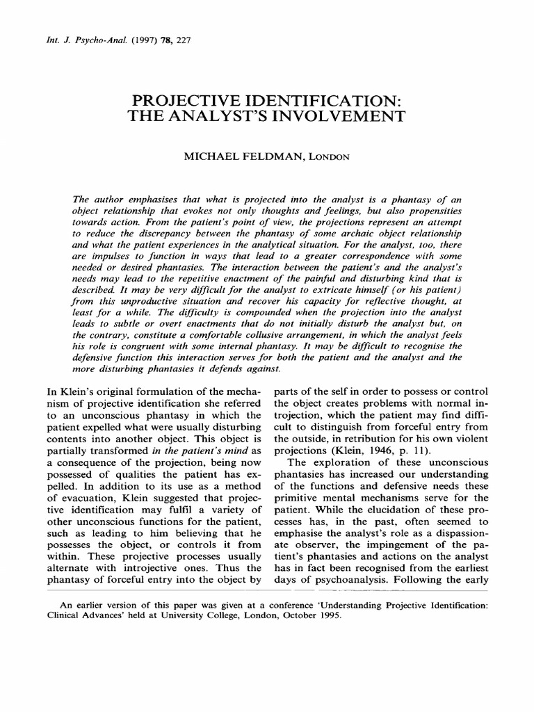 Projective Identification - The Analyst's Involvement | PDF ...