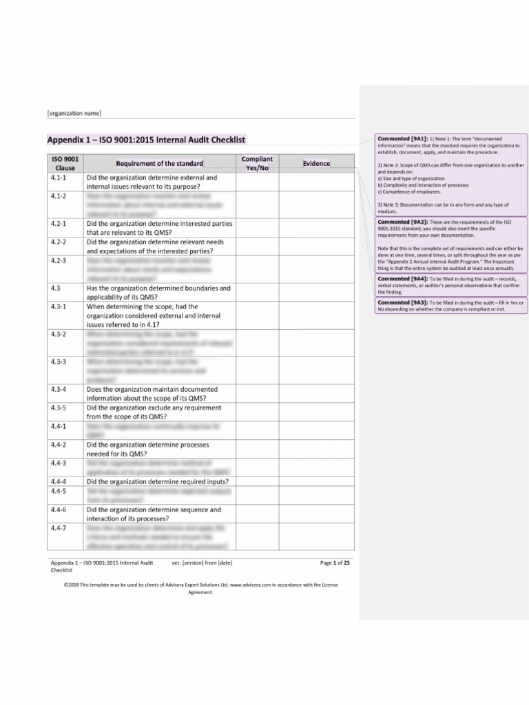 21.1 Appendix 1 ISO 9001 2015 Internal Audit Checklist Int Big 2020 ...