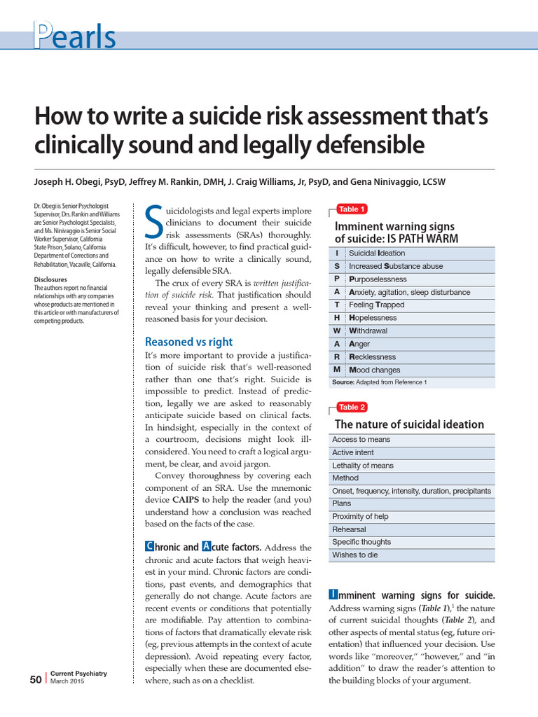How To Write A Suicide Risk Assessment | PDF | Suicide | Psychiatry