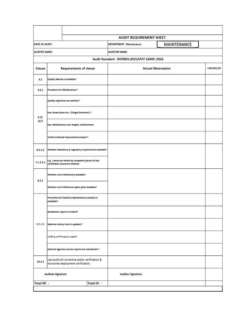 Audit Sheet - Maintenance | PDF