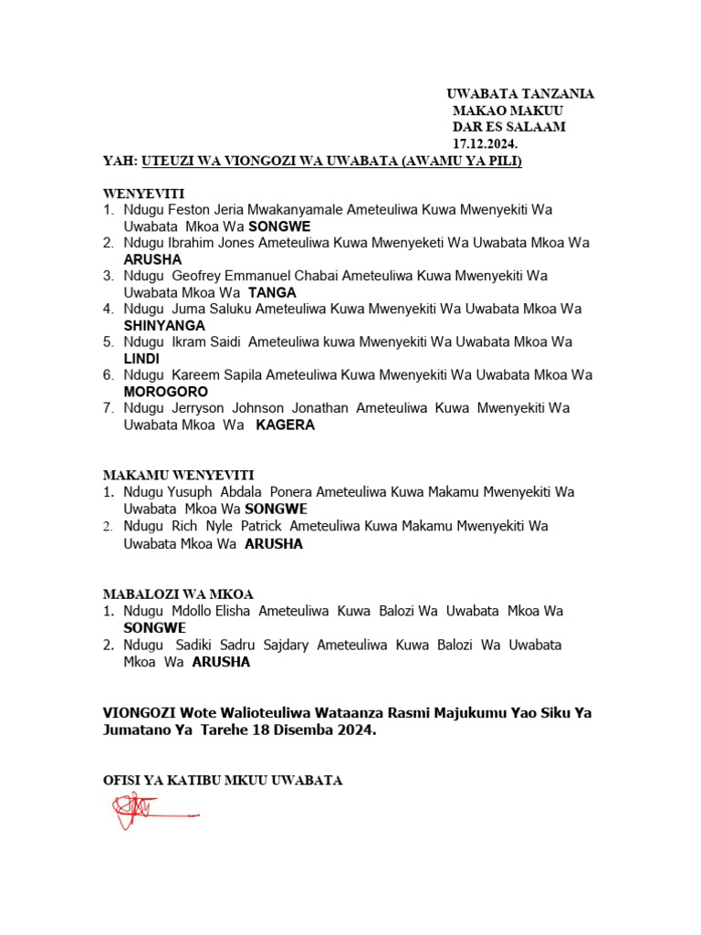 Uteuzi Awamu Ya Pili Uwabata HQ | PDF