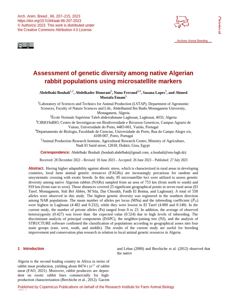 Assessment of Genetic Diversity Among Native Algerian Rabbit ...