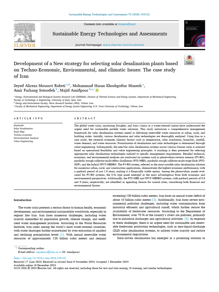 Solar Desalination Strategy for Iran | PDF | Desalination | Solar Energy