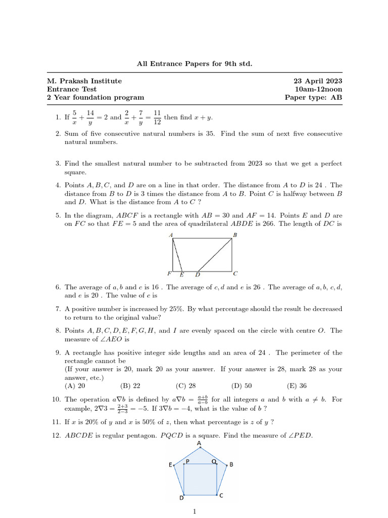 M. Prakash Std 9 Entrance Exam Papers | PDF | Area | Rectangle