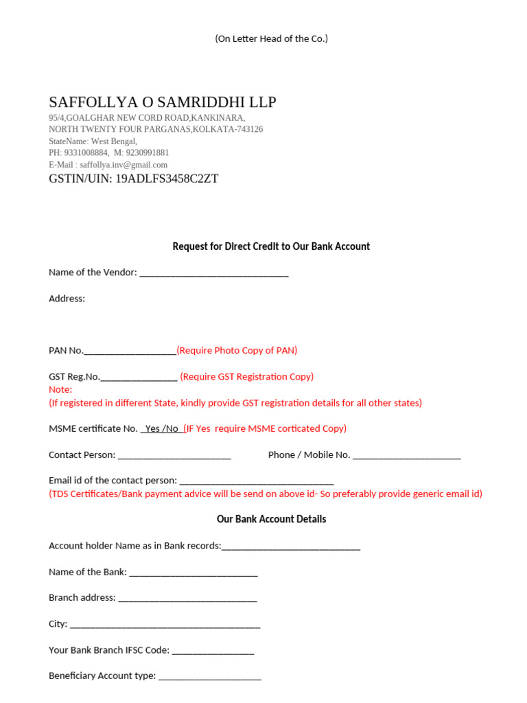 Direct Credit Request Form Template | PDF