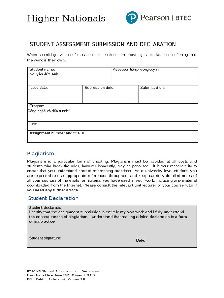 Student Assessment Submission and Declaration - Applied For All ...