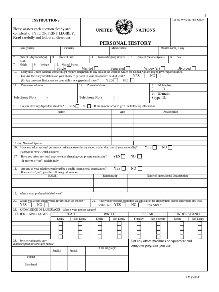 United Nations Personal History Form | PDF | Salary | Employment