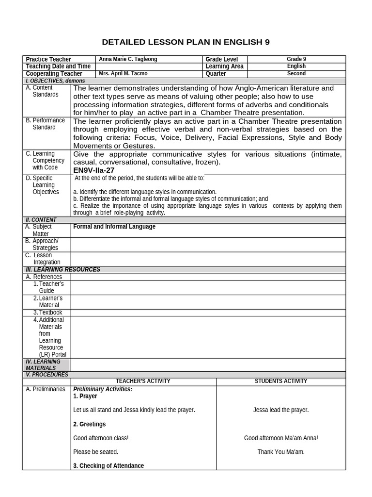 Grade 9 English Lesson Plan: Language Styles | PDF | Learning | Teachers
