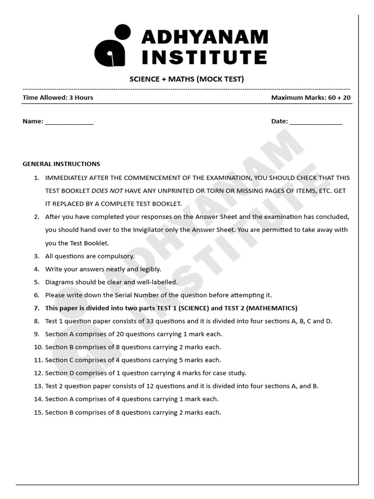 Science and Maths Mock Test | PDF | Light | Scattering