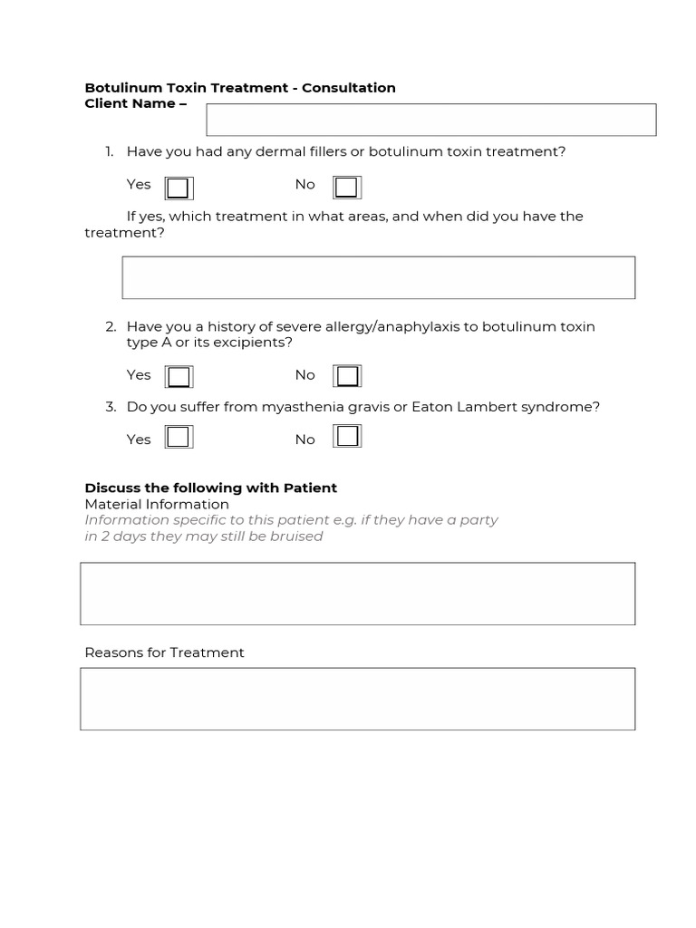 Botulinum Toxin Treatment Consultation Guide | PDF | Botulinum Toxin ...