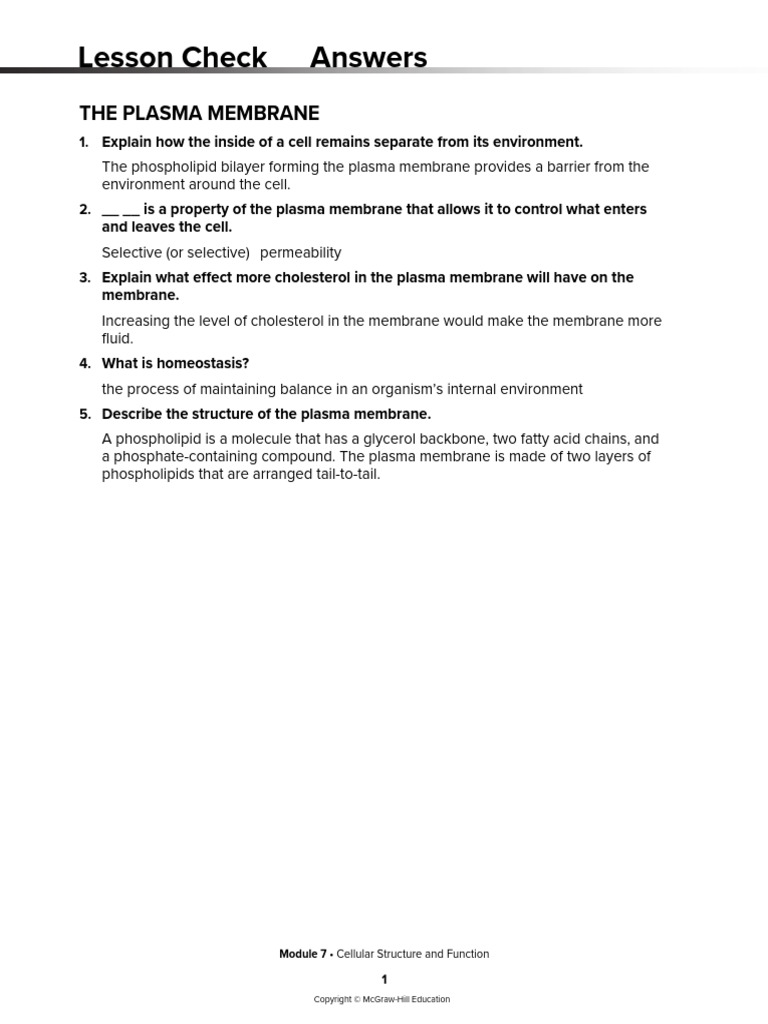 Lesson+Check+Answer+Key the+Plasma+Membrane | PDF
