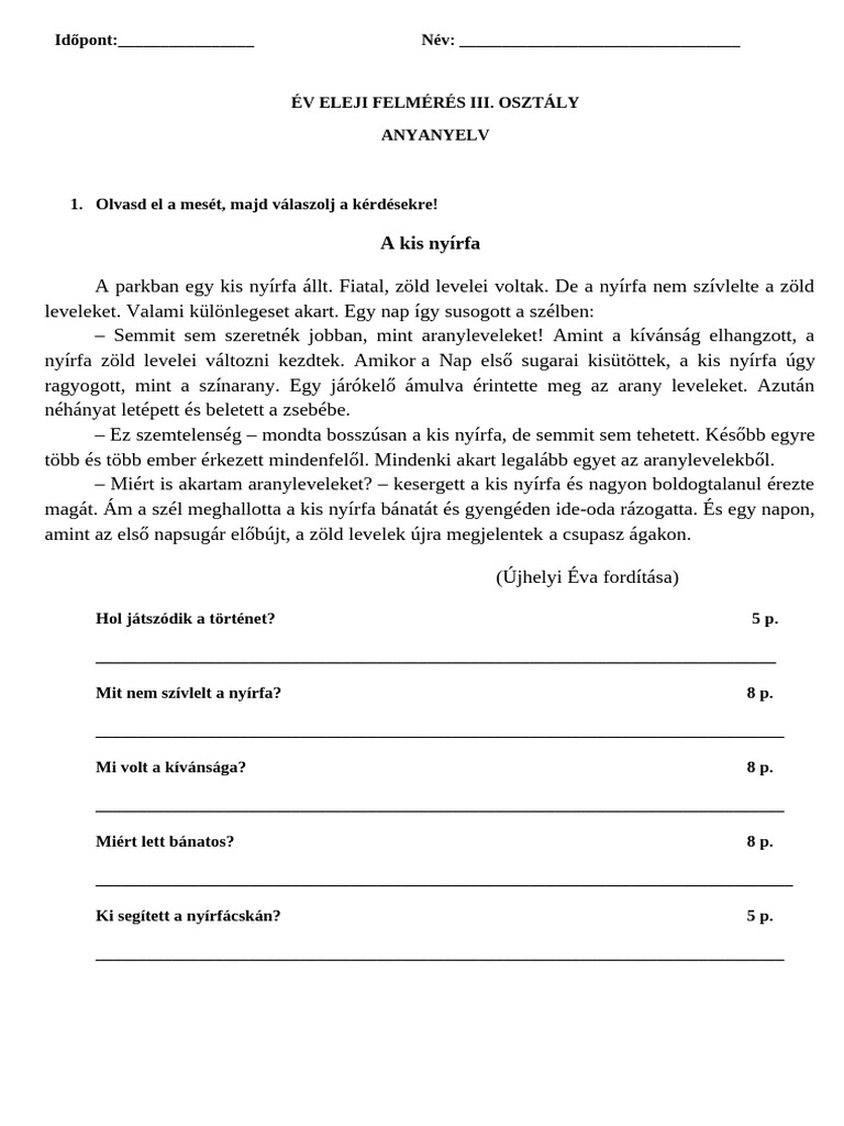 Magyar Év Eleji Felmérő - III. Osztály | PDF