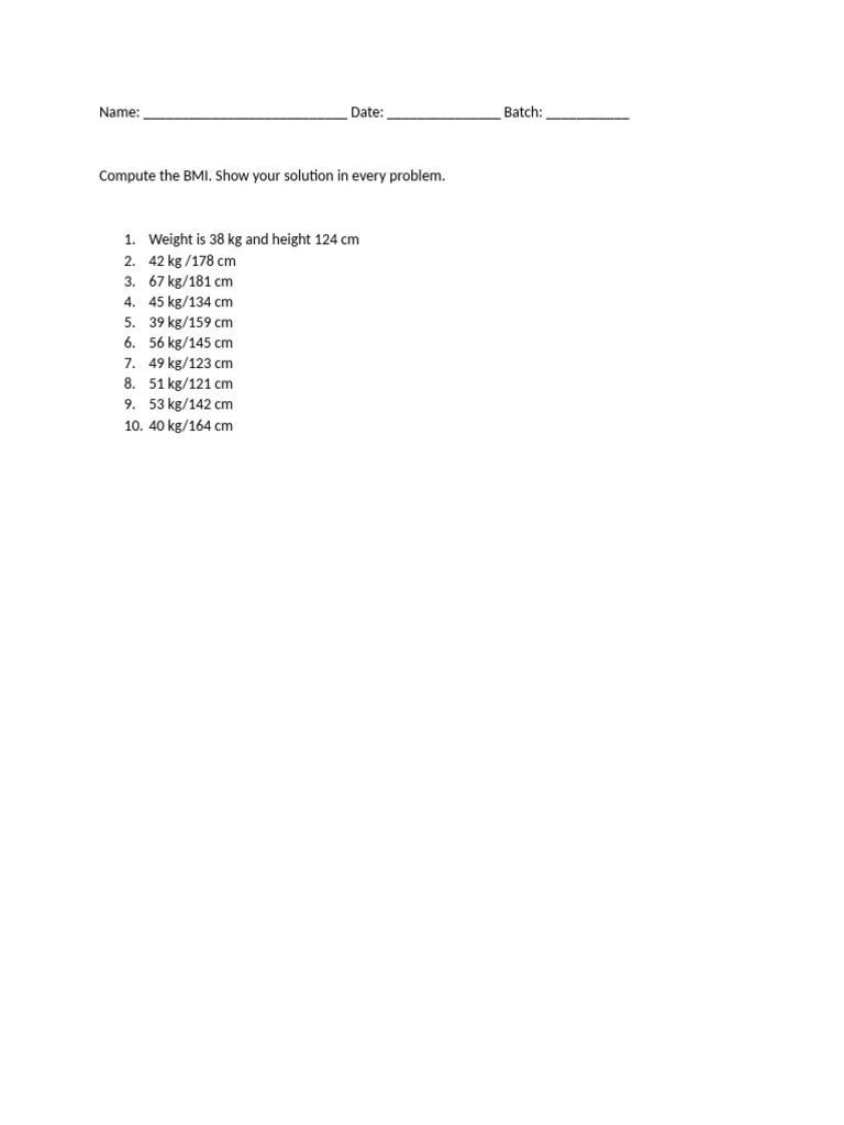 BMI Calculation Practice Sheet | PDF
