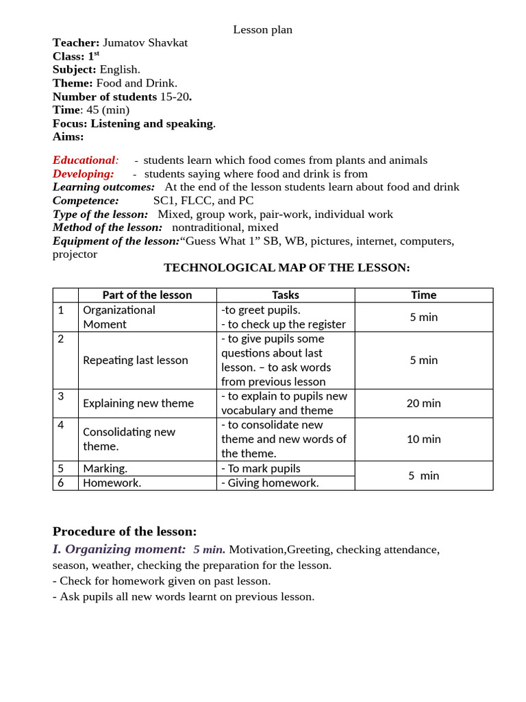 First Grade Food and Drink Lesson Plan | PDF | Learning | Cognition