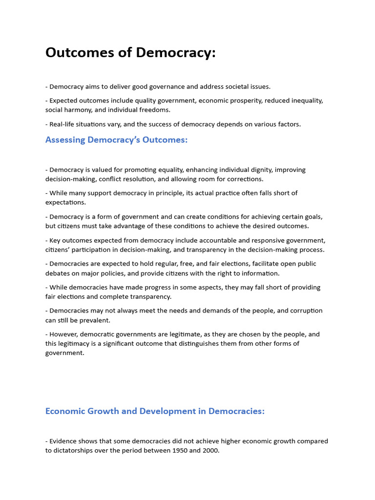 Outcomes of Democracy for Class 10 | PDF | Democracy | Political Ideologies