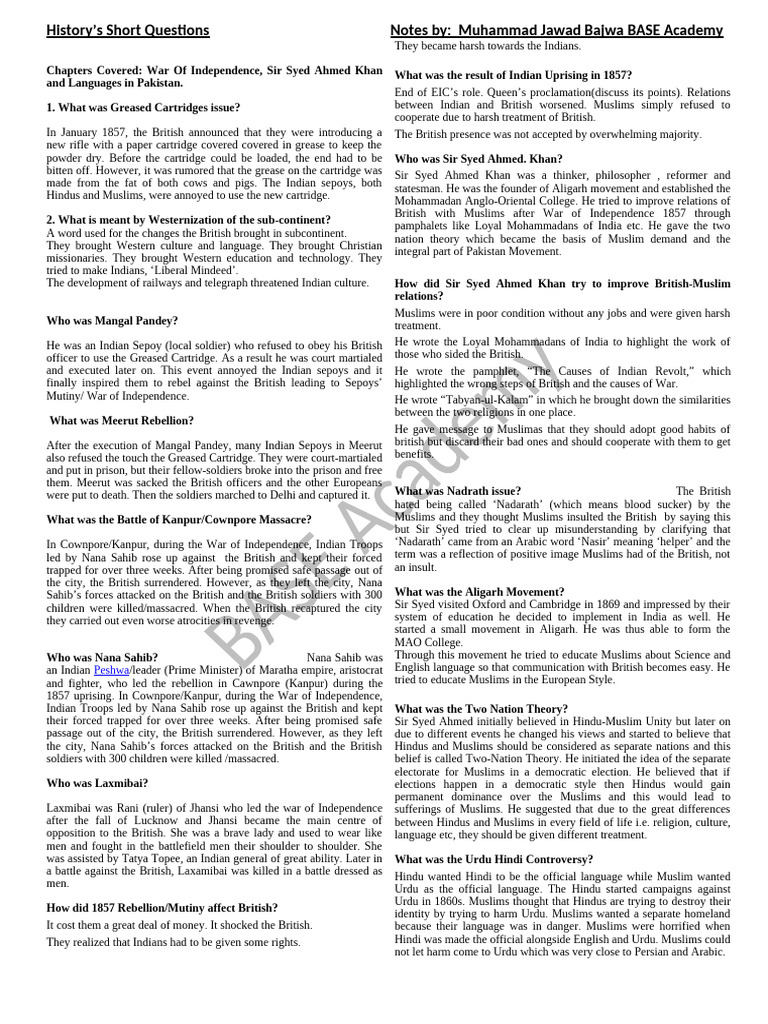 Combined Short Qs of WOI, Sir Syed Ahmed and Languages | PDF | Indian ...