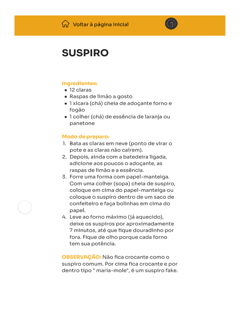 Suspiro Diet: Receita e Ingredientes | PDF