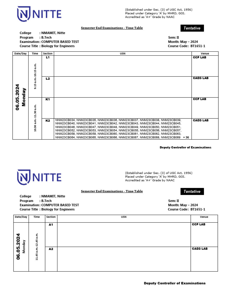 NITTE B.Tech Sem II Exam Timetable | PDF | Educational Stages ...