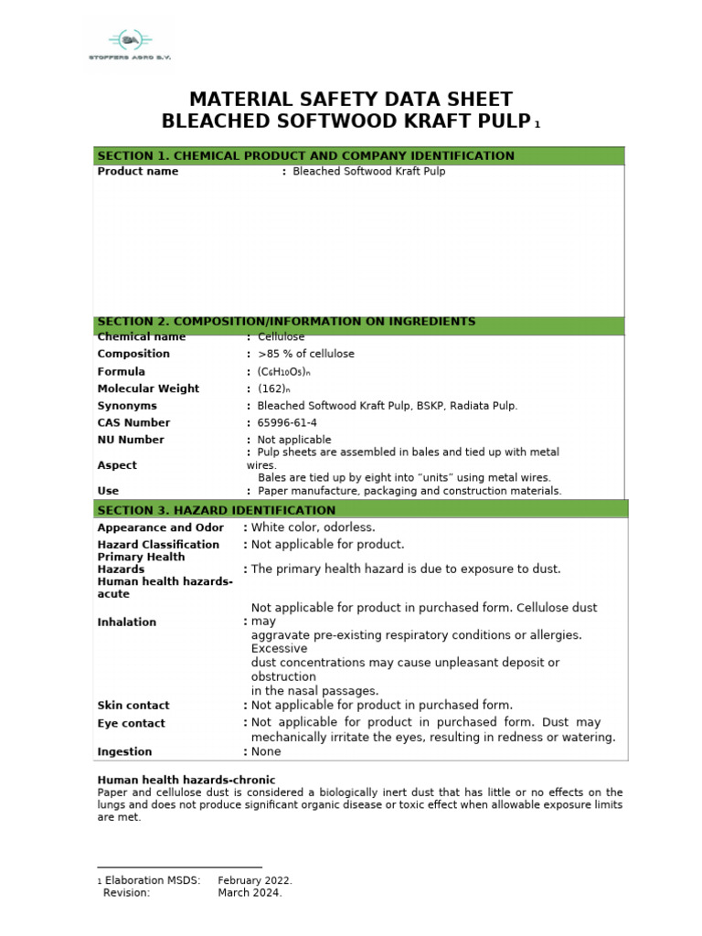 MSDS - Bleach Softwood Kraft Pulp | PDF | Personal Protective Equipment ...