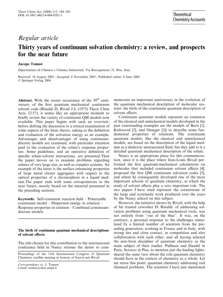 Overview of Continuum Solvation Models | PDF | Computational Chemistry ...
