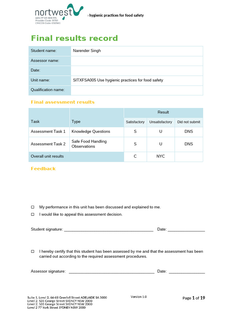 SITXFSA005 Assessment Results Summary | PDF | Food Safety | Hygiene