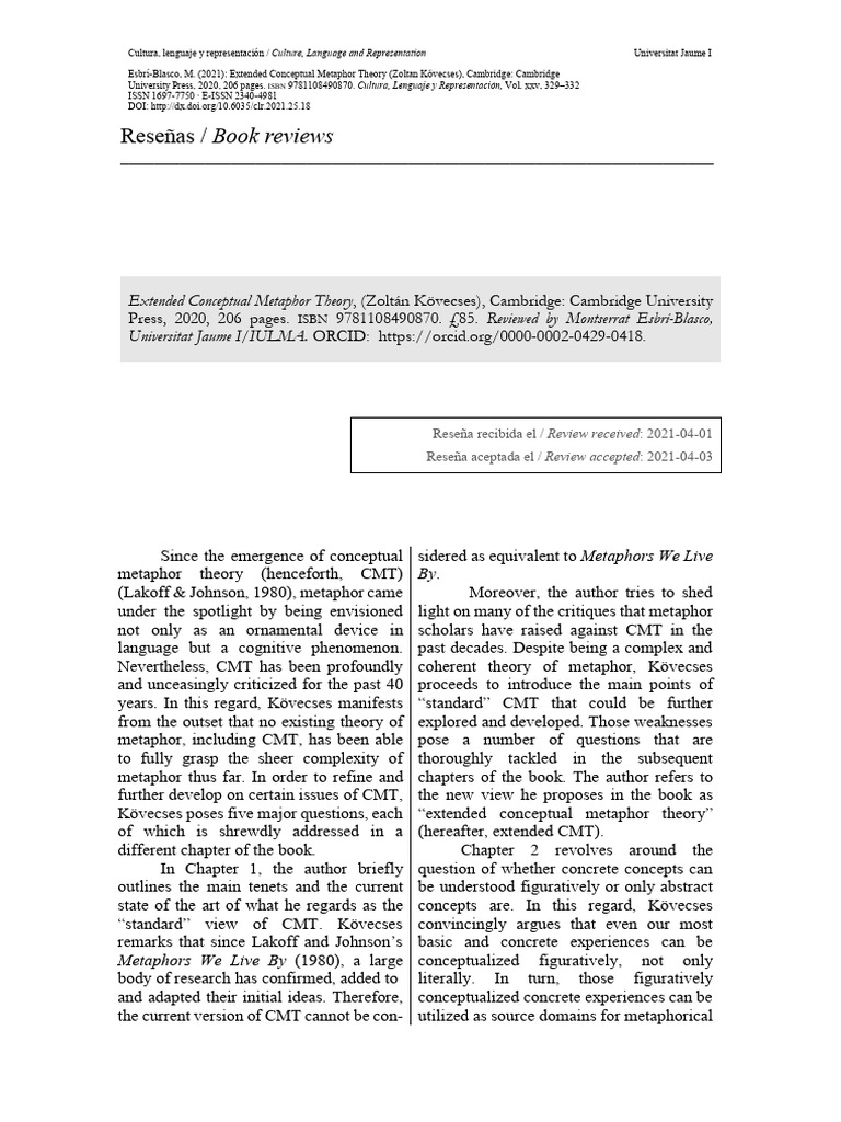 Extended Conceptual Metaphor Theory Zoltan Kovecse Recenzija | PDF ...