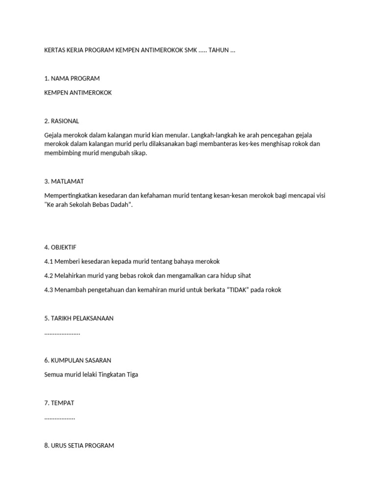 Kertas Kerja Program Kempen Antimerokok SMK | PDF