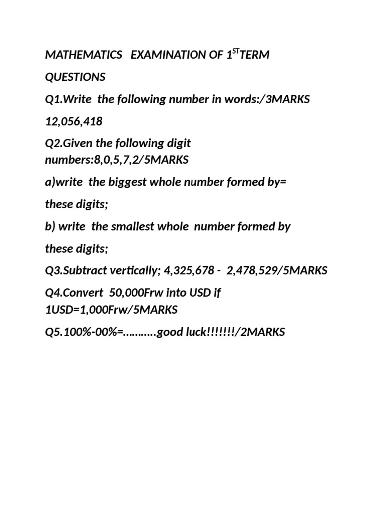 1st Term Mathematics Exam Questions | PDF