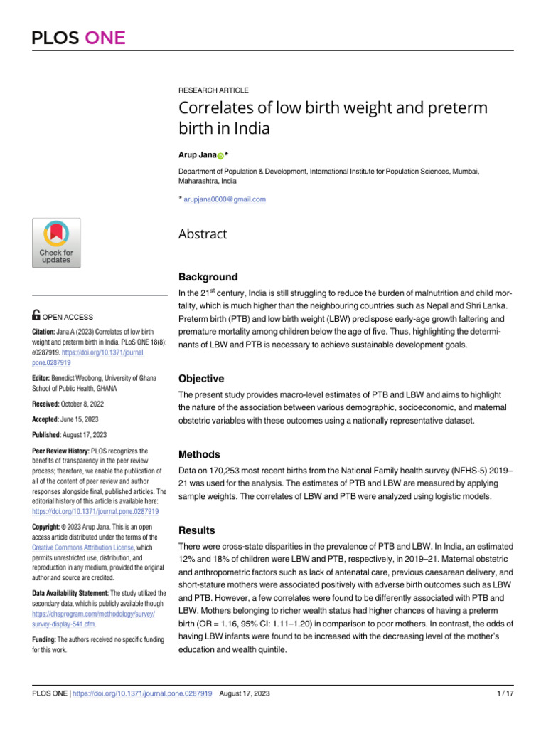 Journal Pone 0287919 | PDF | Preterm Birth | Childbirth