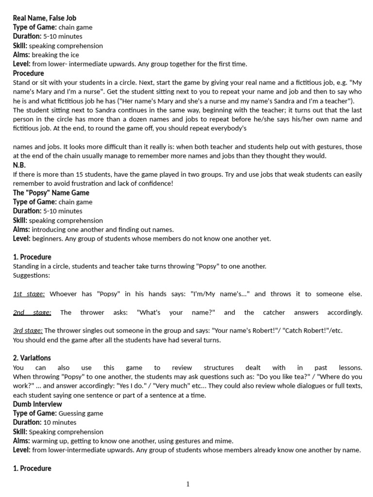 Warmups and Icebreakers | PDF | Vocabulary | Word