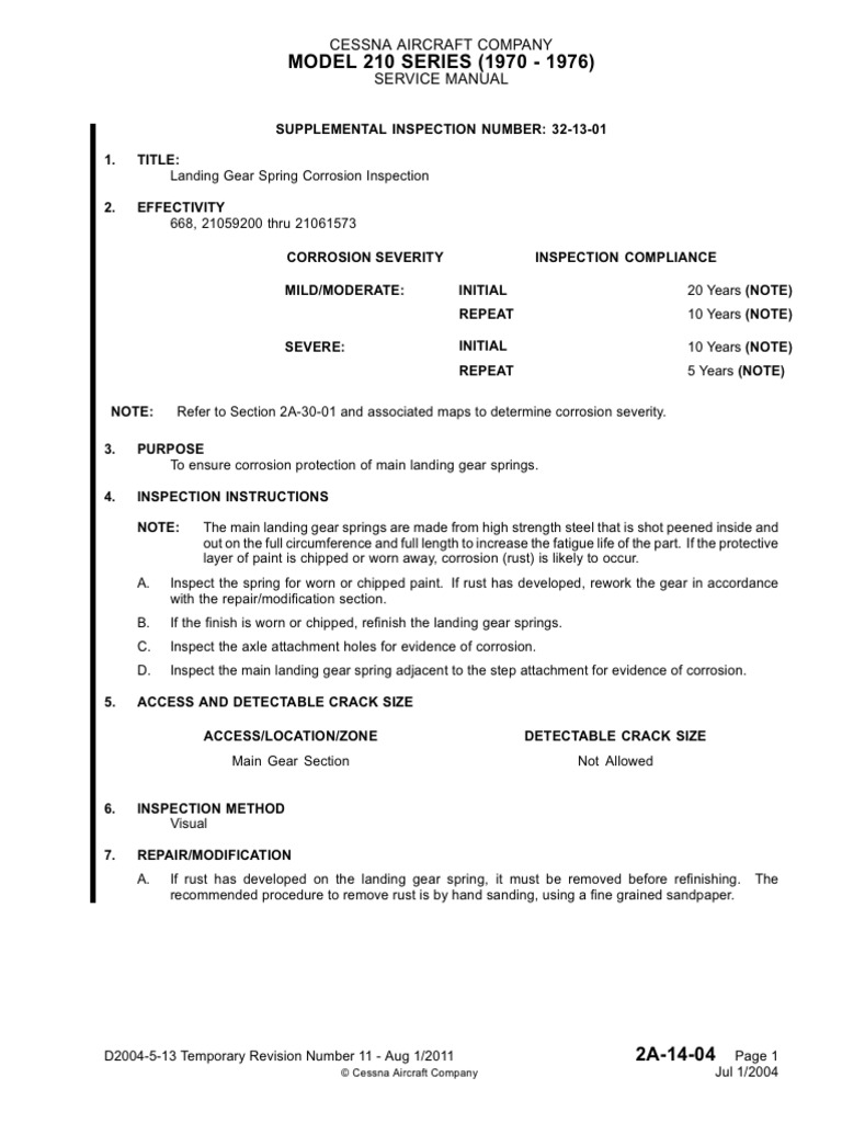 Supplemental Inspection Number 32 13 01 Landing Gear Spring Corrosion