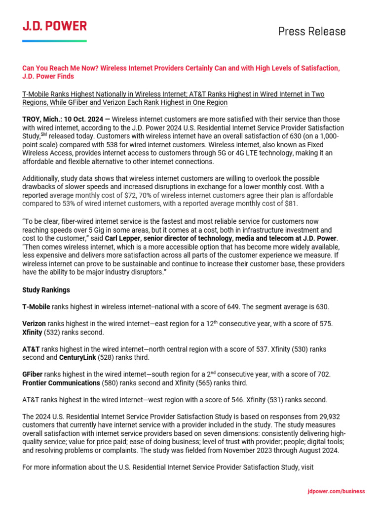 T-Mobile Tops Wireless Internet Satisfaction | PDF | T Mobile Us | At&T