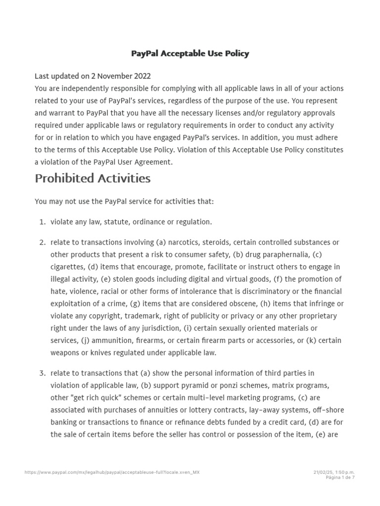 PayPal Acceptable Use Policy | PDF | Gambling | Multi Level Marketing